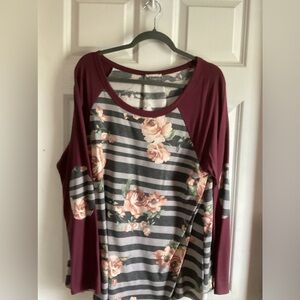 Oddy 2x boutique l/s shirt grey striped with flowers, dark mauve sleeves